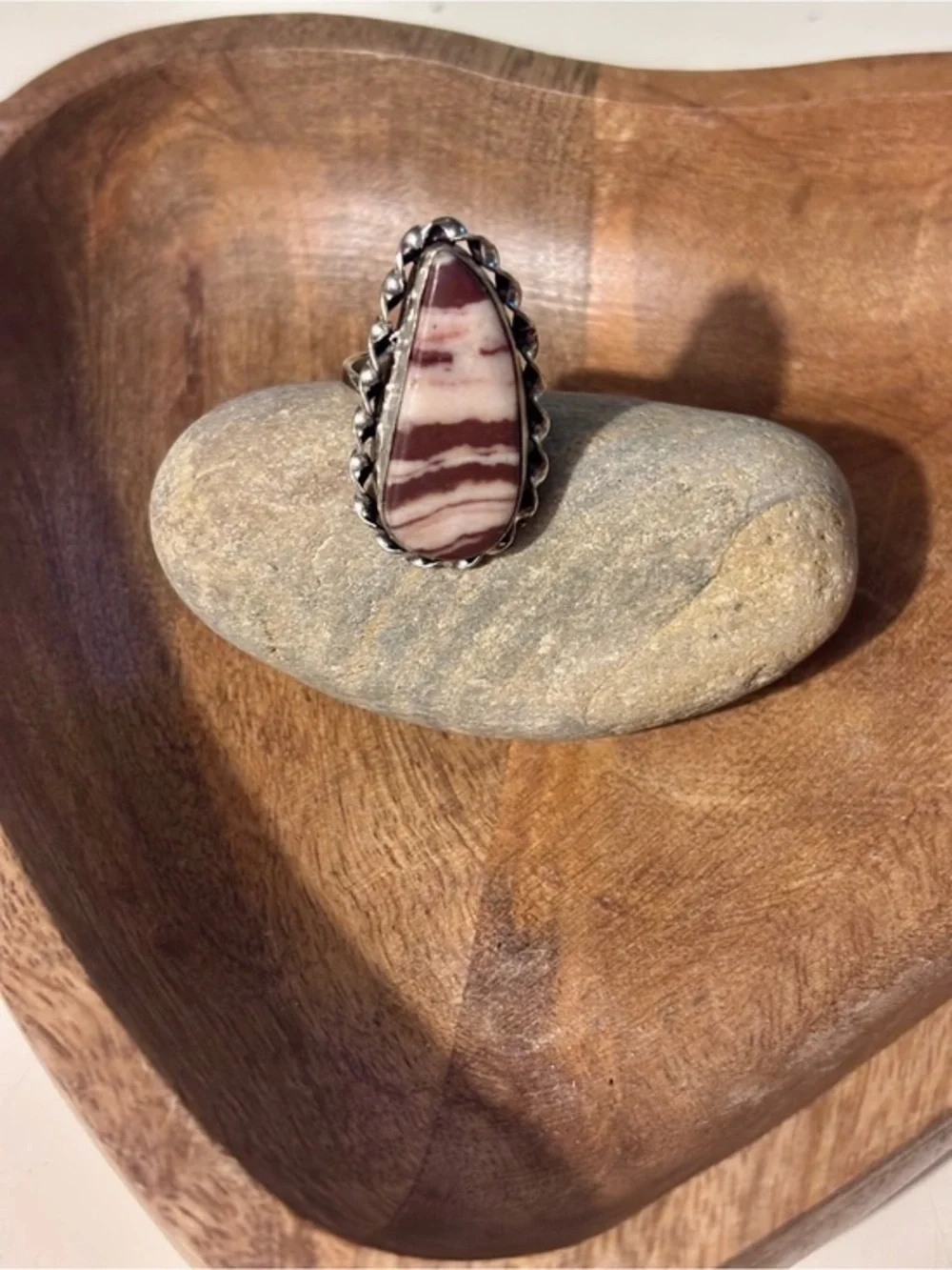 Marbled Brown & Cream Stone Statement Ring Silver Plated Boho Ring Size 6